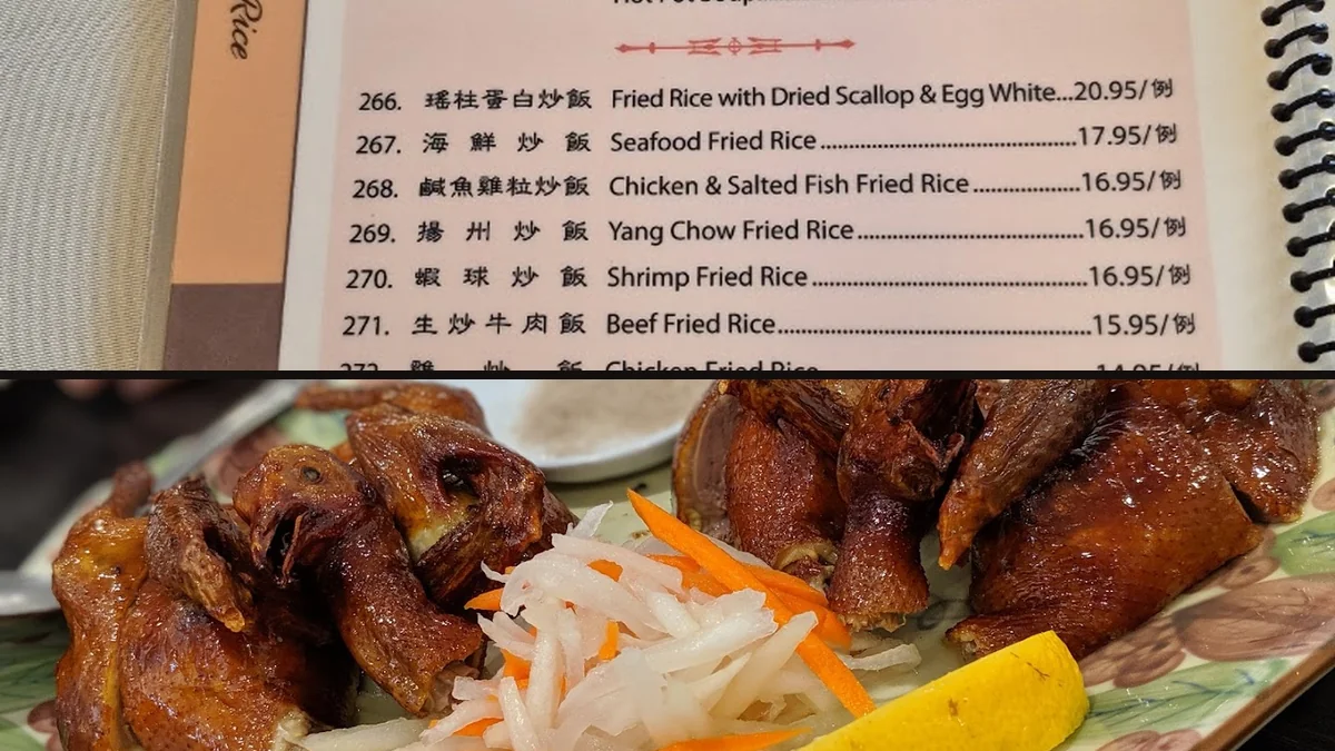 Plates of Cantonese seafood on a restaurant table.